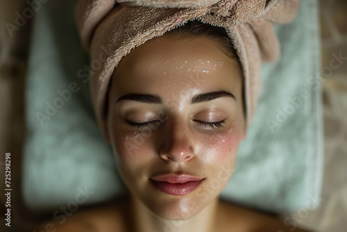 Young woman with closed eyes by placing a towel on her head and body in an infrared sauna.
