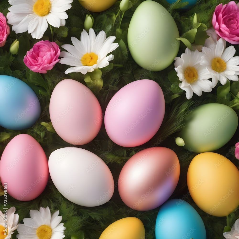 Beautiful colourful floral design with easter eggs and pink and white flowers, easter backdround image,