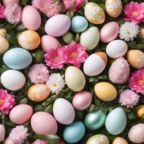 Beautiful colourful floral design with easter eggs and pink and white flowers, easter backdround image,