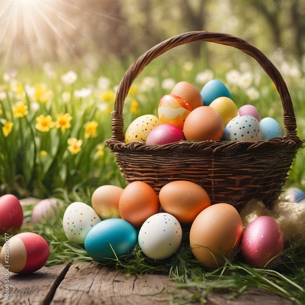 Easter - Painted Eggs In Basket On Grass In Sunny Orchard Easter - Painted Eggs In Basket On Grass In Sunny Orchard