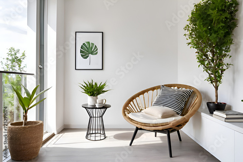 modern small place with cozy one armchair with table in veranda. A Small plant pot. White walls. Full relaxing place