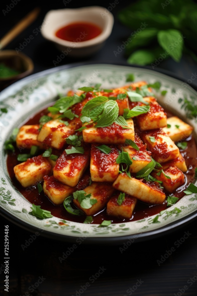 Stuffed Tofu with Cheese and Tomato Sauce, Asian Food Stuffed Tofu with Cheese and Tomato Sauce, Asian Food