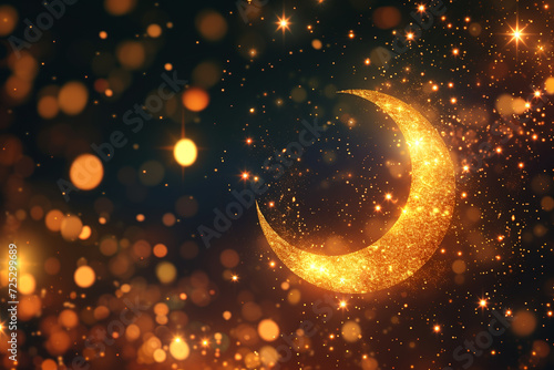 Luxury Islamic Background: A Golden Crescent Moon Sparkles Amidst Bokeh Lights, Perfect For Ramadan And Eid Themes.