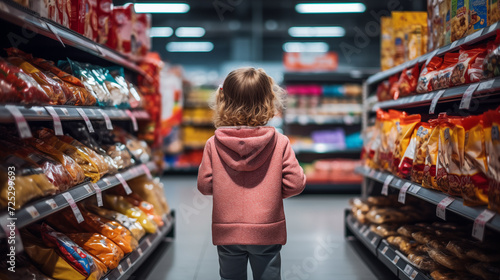  A photograph of a young child shopping in a supermarket and purchasing food from the store