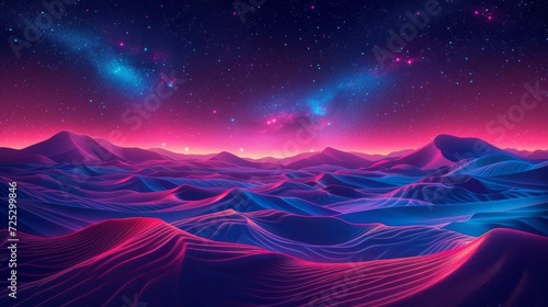 A mesmerizing image of rolling desert dunes under a starlit sky, transformed by a neon glow into an otherworldly landscape