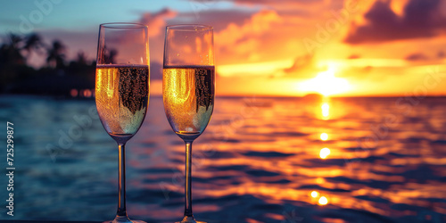 Two glasses of sparkling champagne against the backdrop of a breathtaking ocean sunset, capturing the romantic essence of a serene evening by the sea, perfect for memorable celebrations