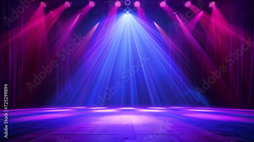 The image captures an empty stage bathed in dramatic purple and blue stage lights