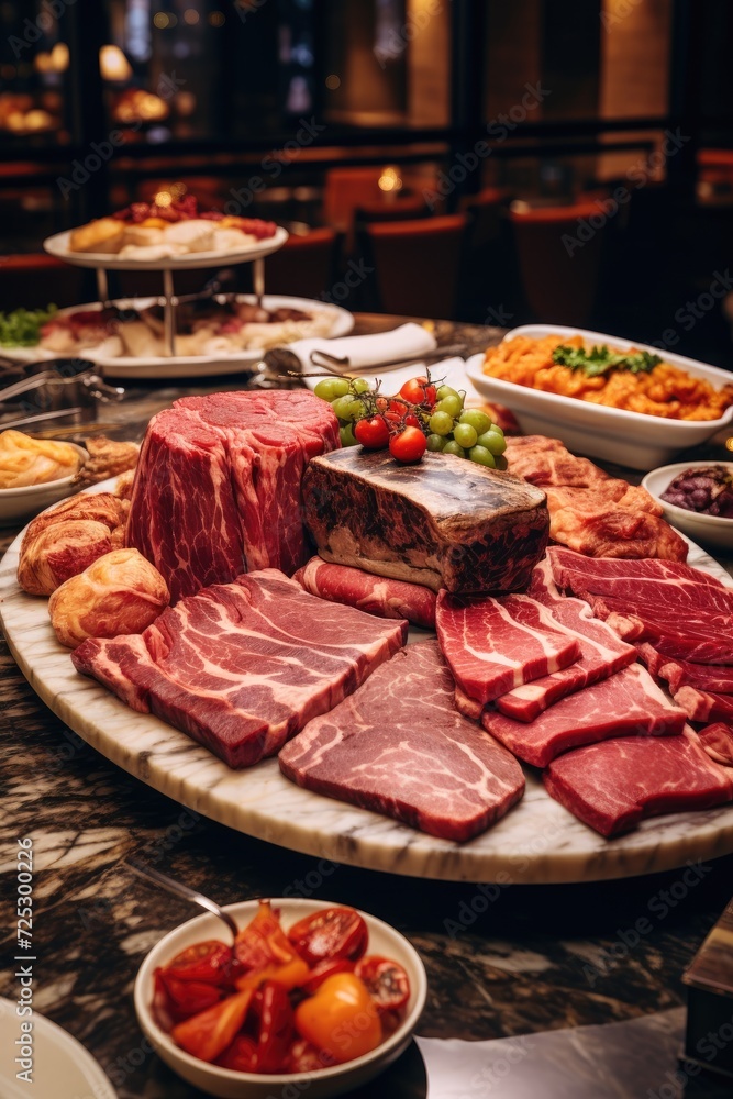 Variety of meat products on a buffet table in a restaurant