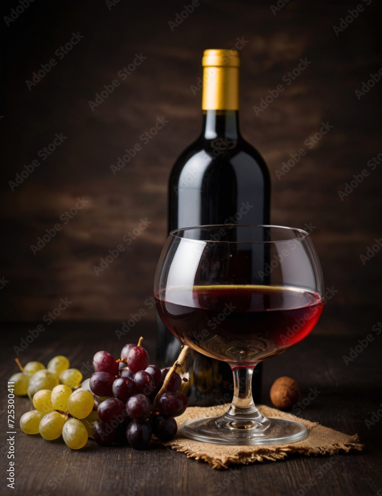 Una copa con vino tinto con uvas rojas y verdes con una botella de vino en un fondo obscuro.