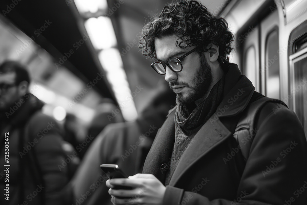 Focused man using smartphone on subway train. Urban lifestyle and technology. Focused man using smartphone on subway train. Urban lifestyle and technology.