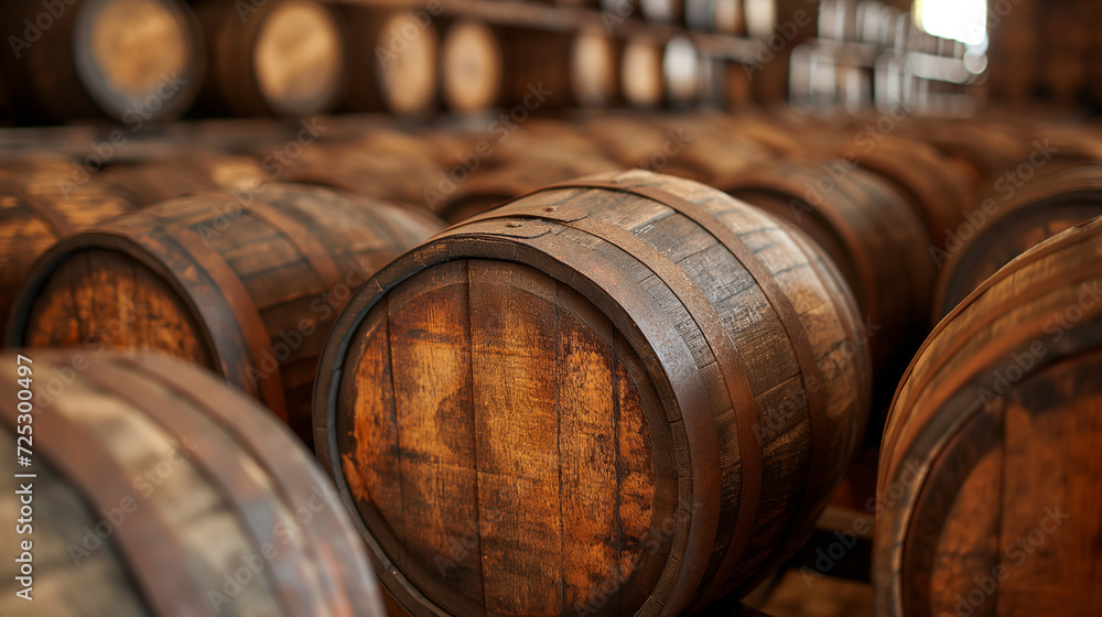 Oak barrels in a underground wine cellar