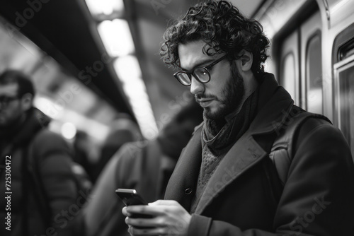 Focused man using smartphone on subway train. Urban lifestyle and technology.