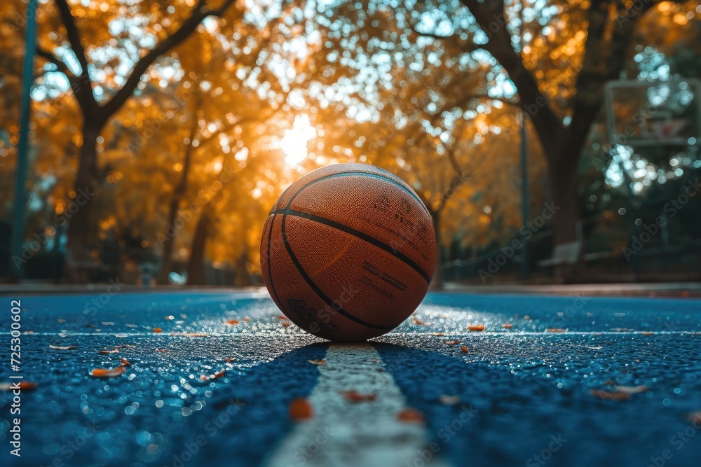 Basketball ball on the asphalt road in the park at sunset. Basketball ball on the asphalt road in the park at sunset.