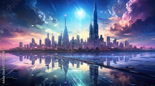 Futuristic city on the background of the night sky and the sun