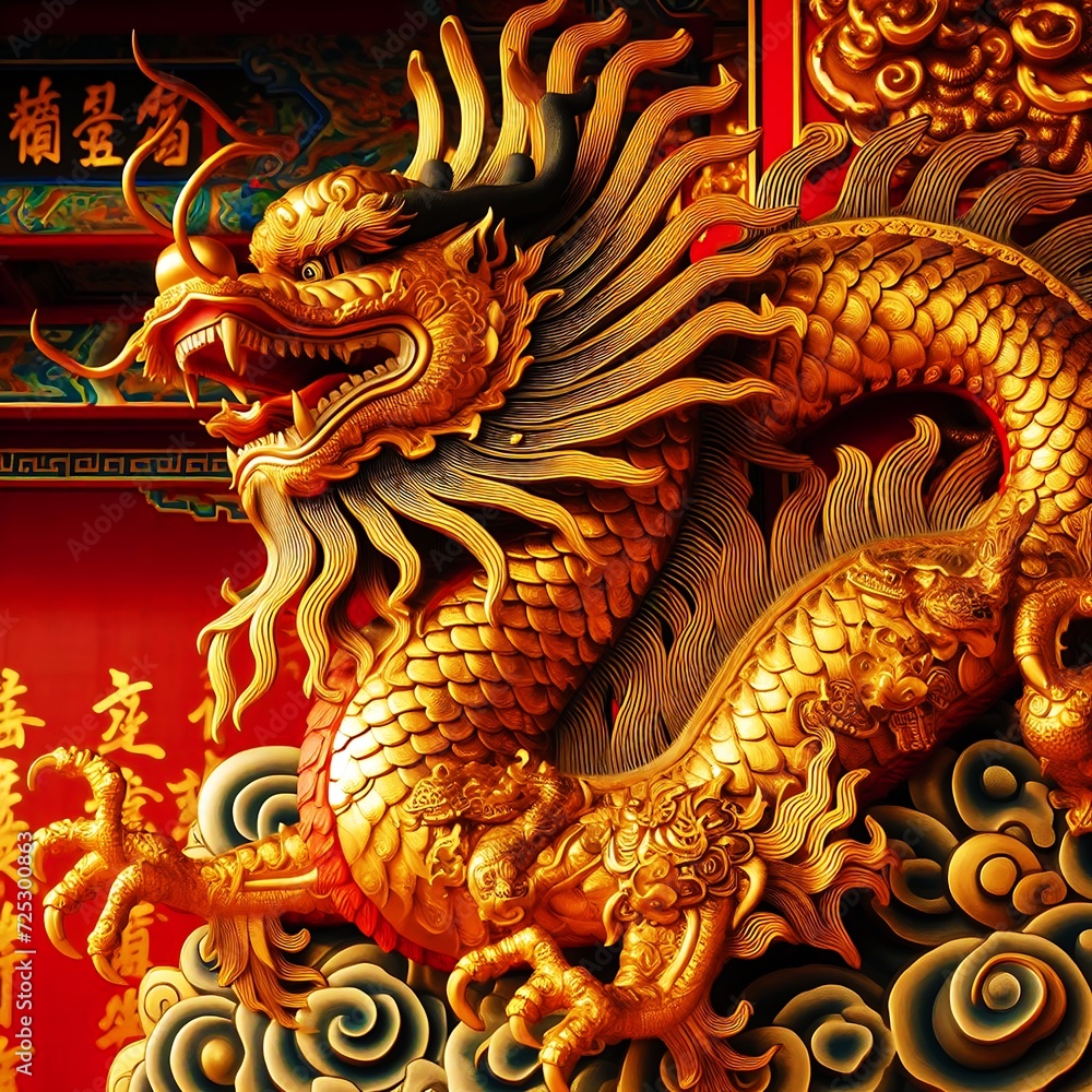 Obraz premium 2024 Chinese New Year Banner: Abstract Art with Oriental Dragon and folding paper fans on red background. Lunar New Year Celebration Card Design