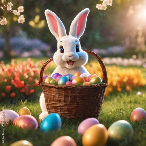 An Easter bunny rabbit holding a basket filled with colourful Easter Eggs 