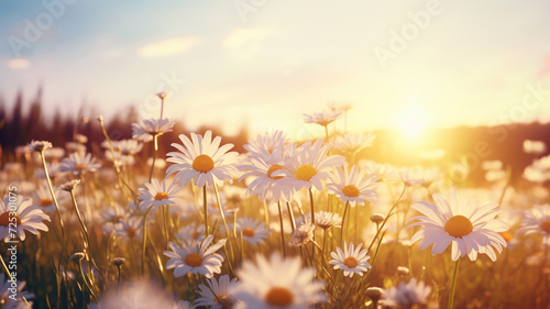 Chamomile field flower with beautiful mountain,sky and sunlight.