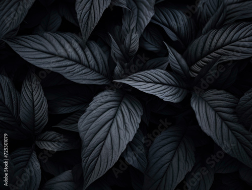Beautiful Gray and Black Flowers on Dark Background, Textured Leaves, Colorful Graphics Banner with White and Black Leaves. 