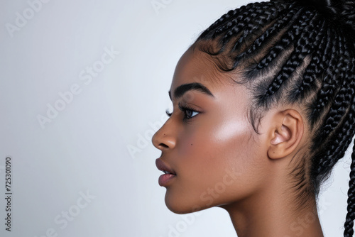 Side profile of young woman with braided hair on grey background. Hairstyle and beauty.