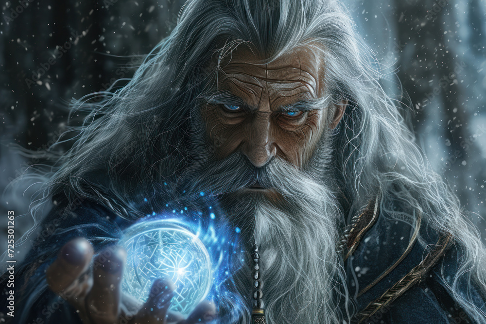 Wizard character wielding magical power in snowy enchanted forest. Fantasy and magic. Wizard character wielding magical power in snowy enchanted forest. Fantasy and magic.