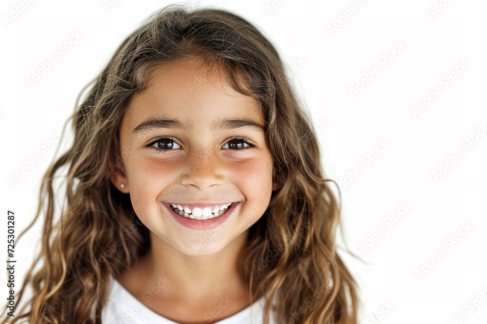 Joyful young girl with bright smile on white background. Childhood happiness. Joyful young girl with bright smile on white background. Childhood happiness.