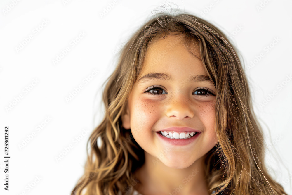 Smiling young girl with curly hair on plain background. Child joy and innocence. Smiling young girl with curly hair on plain background. Child joy and innocence.