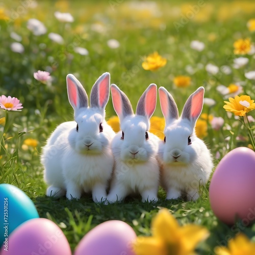 Easter bunnies on a sunny flower meadow with colorful eggs © QasimAli