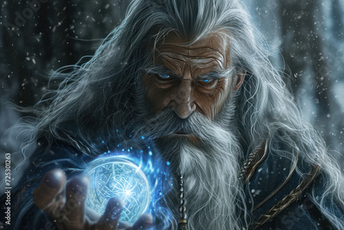 Wizard character wielding magical power in snowy enchanted forest. Fantasy and magic. photo