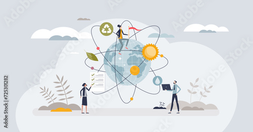 Sustainability reporting and environmental impact results tiny person concept. Ecological footprint and nature resource consumption calculation with statistic future data forecast vector illustration