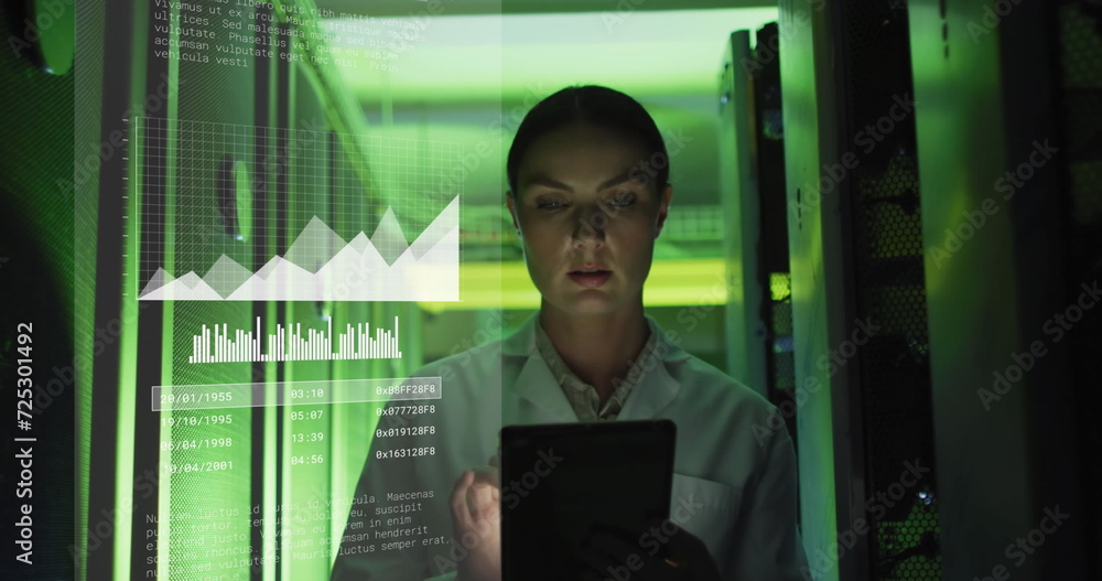 Fototapeta premium Image of graphs and data over caucasian woman working in server room