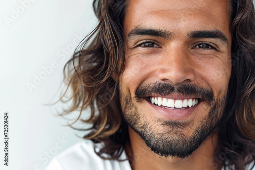 Smiling man with long hair posing for casual portrait. Cheerful expression.