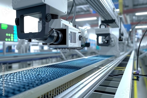 A high-tech automated assembly line with precision robotic arms efficiently moving products in a modern industrial facility, showcasing advanced manufacturing technology.