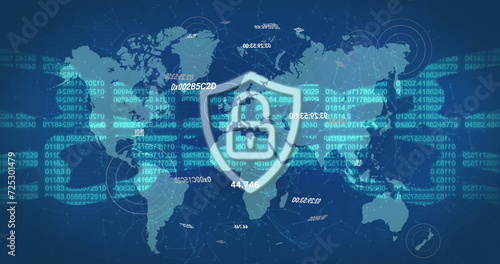 Image of clock chain and digital padlock over world map on navy background