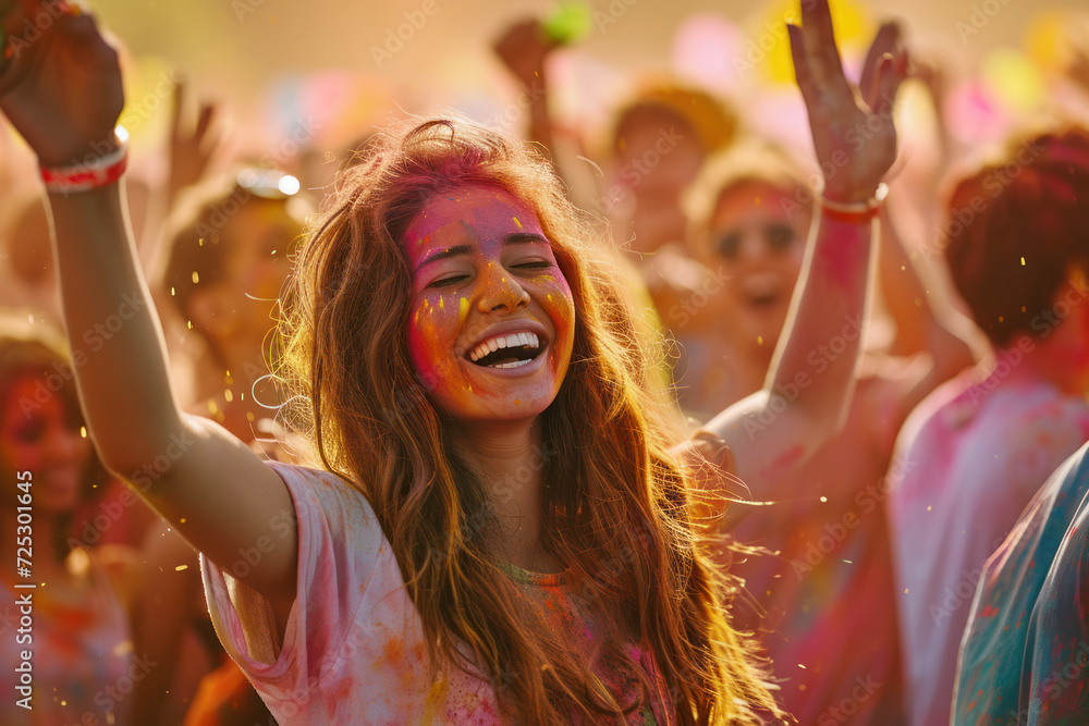Obraz premium Joyful young woman enjoying colorful Holi festival. Celebration and culture.