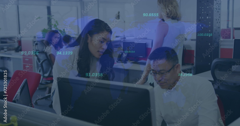 Obraz premium Image of interface with moving numbers and information with business people working in office