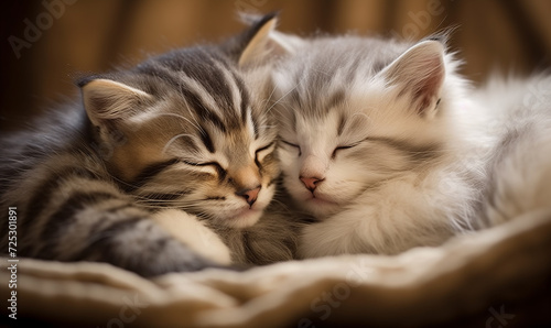 Two small domestic kittens sleeping together at home lying on bed white blanket