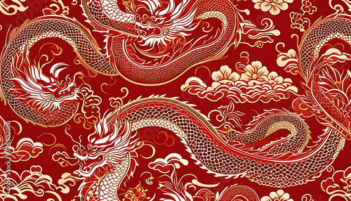 2024 Chinese New Year Banner: Abstract Art with Oriental Dragon and folding paper fans on red background. Lunar New Year Celebration Card Design