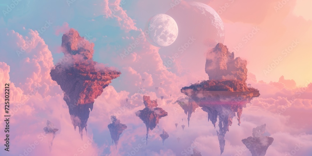 Surreal floating islands, with abstract landmasses suspended in a dreamy, pastel-colored sky - obrazy, fototapety, plakaty 