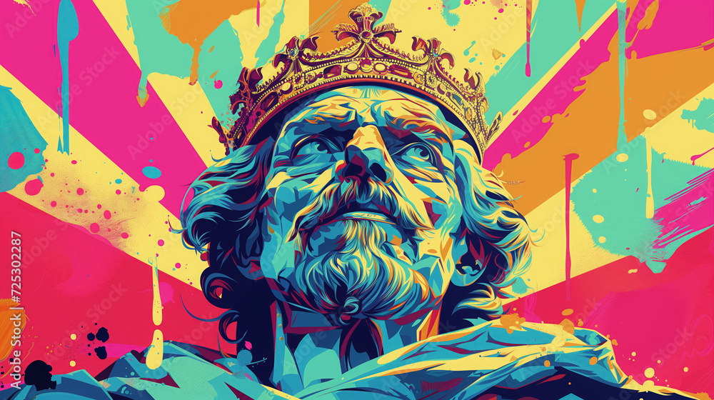 Regal pop art king with a colorful backdrop.
