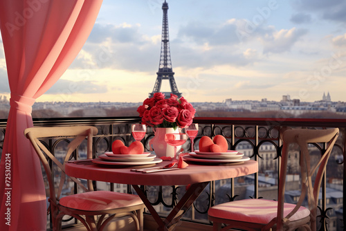 Valentine s Day table set for romantic breakfast in Paris decorated with heart and flowers. Table on the balcony overlooking the Eiffel Tower