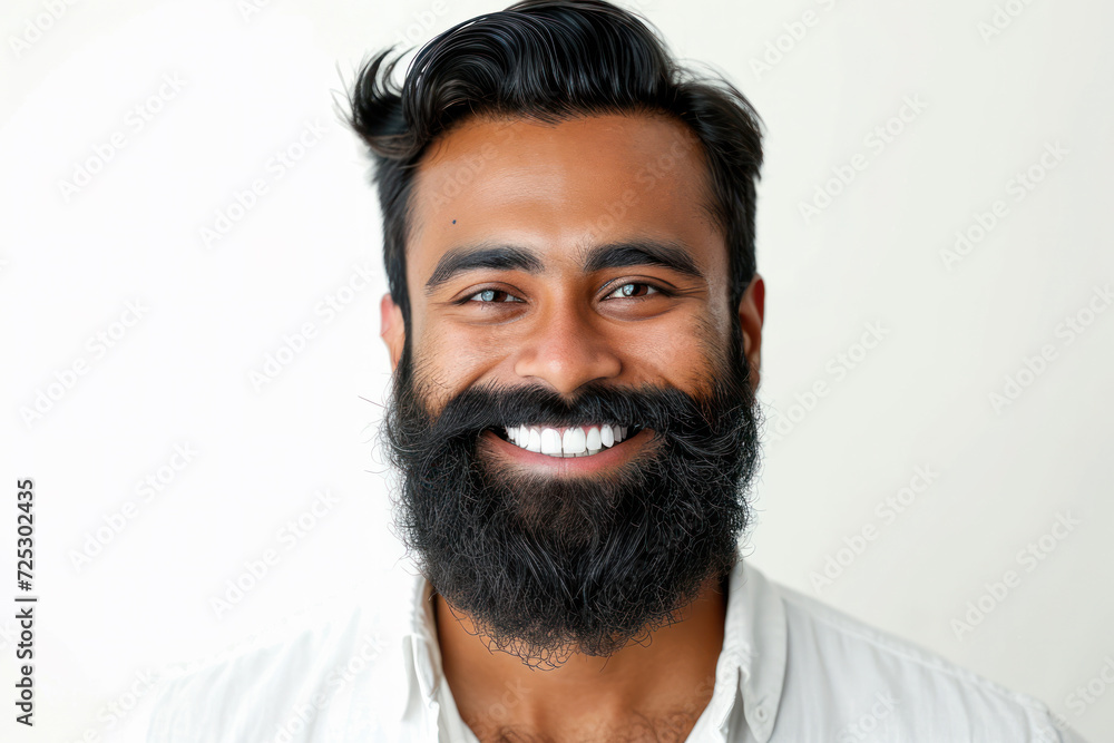 Confident man with beard smiling against white background. Facial hair and grooming.