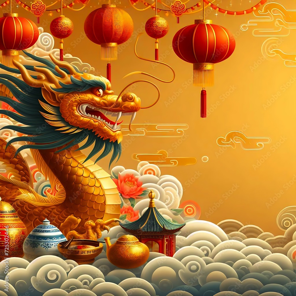 2024 Chinese New Year Banner: Abstract Art with Oriental Dragon and folding paper fans on red background. Lunar New Year Celebration Card Design 2024 Chinese New Year Banner: Abstract Art with Oriental Dragon and folding paper fans on red background. Lunar New Year Celebration Card Design