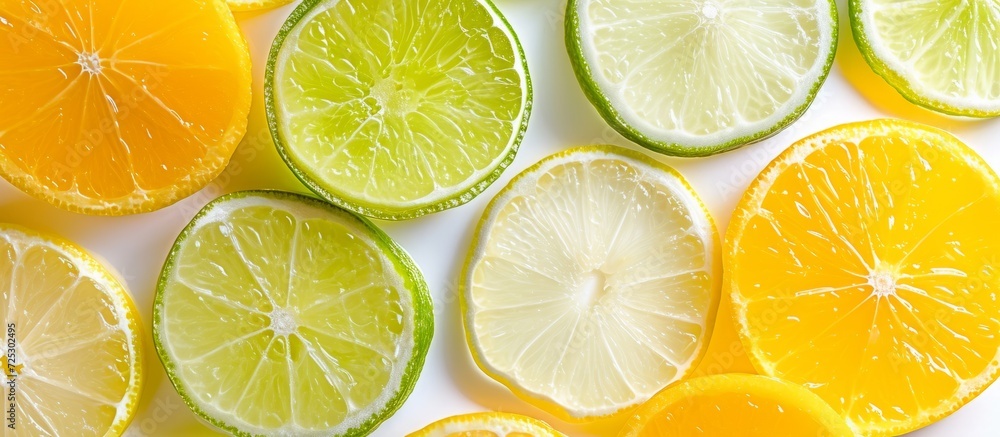 Vivid lime and lemon slices of juicy, see-through fruit on a white background. Vivid lime and lemon slices of juicy, see-through fruit on a white background.
