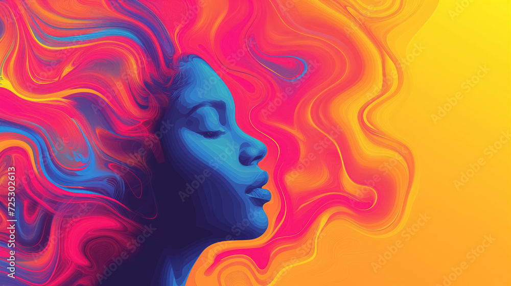 Surreal woman with vibrant flowing hair, abstract.