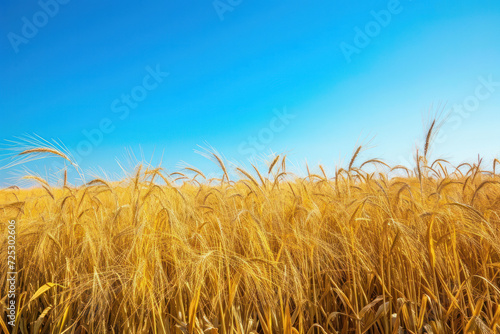 Golden wheat field with blue sky. Agriculture and harvest.