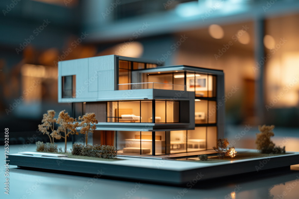 Architectural model of modern house with lighting at dusk. Interior design and architecture.