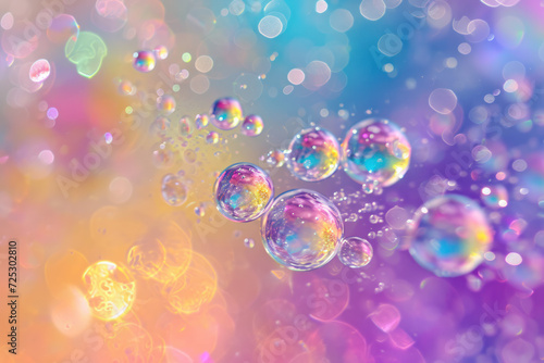 Vibrant soap bubbles floating on colorful, abstract background. Playfulness and joy.