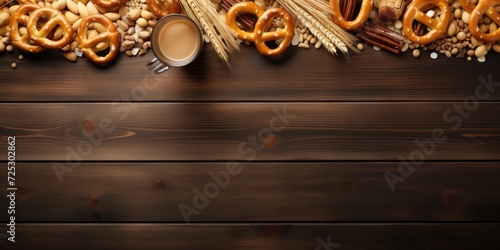 Beer with pretzel crackers and snacks on wooden table. Flat lay with text space. Banner design. photo
