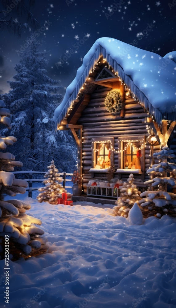 A picturesque Christmas scene with a snow-covered wooden house adorned with twinkling lights, surrounded by glistening snow and pine trees. Generative AI.