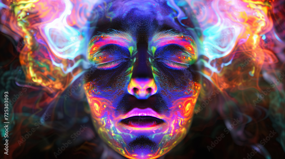 Psychedelic face with kaleidoscopic light effects.
